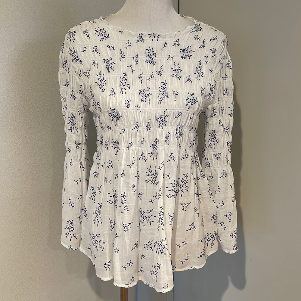Adiva Boho Blue Floral Bell Sleeve Blouse